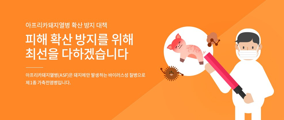 아프리카돼지열병 확산 방지 대책  피해 확산 방지를 위해 최선을 다하겠습니다. 아프리카돼지열병(ASF)은 돼지에만 발생하는 바이러스성 질병으로 제1종 가축전염병입니다.