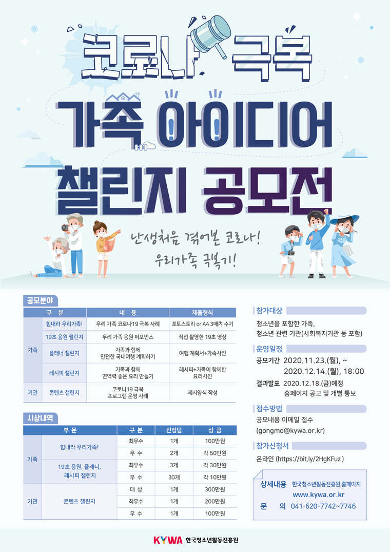  가. 공모개요     ㅇ 공모내용: 코로나블루를 극복하기 위한 우리가족만의 방법과 극복해낸 우수사례 수기 및 동영상    ㅇ 공모기간: 2020. 11. 23.(월) ~ 12. 14.(월)    ㅇ 공모대상: 청소년을 포함한 가족, 지역사회 청소년 관련 기관    ㅇ 시    상: 총 39개(팀), 총 상금 1,390만원    ㅇ 문    의: 활동운영기획부 041-620-7745
