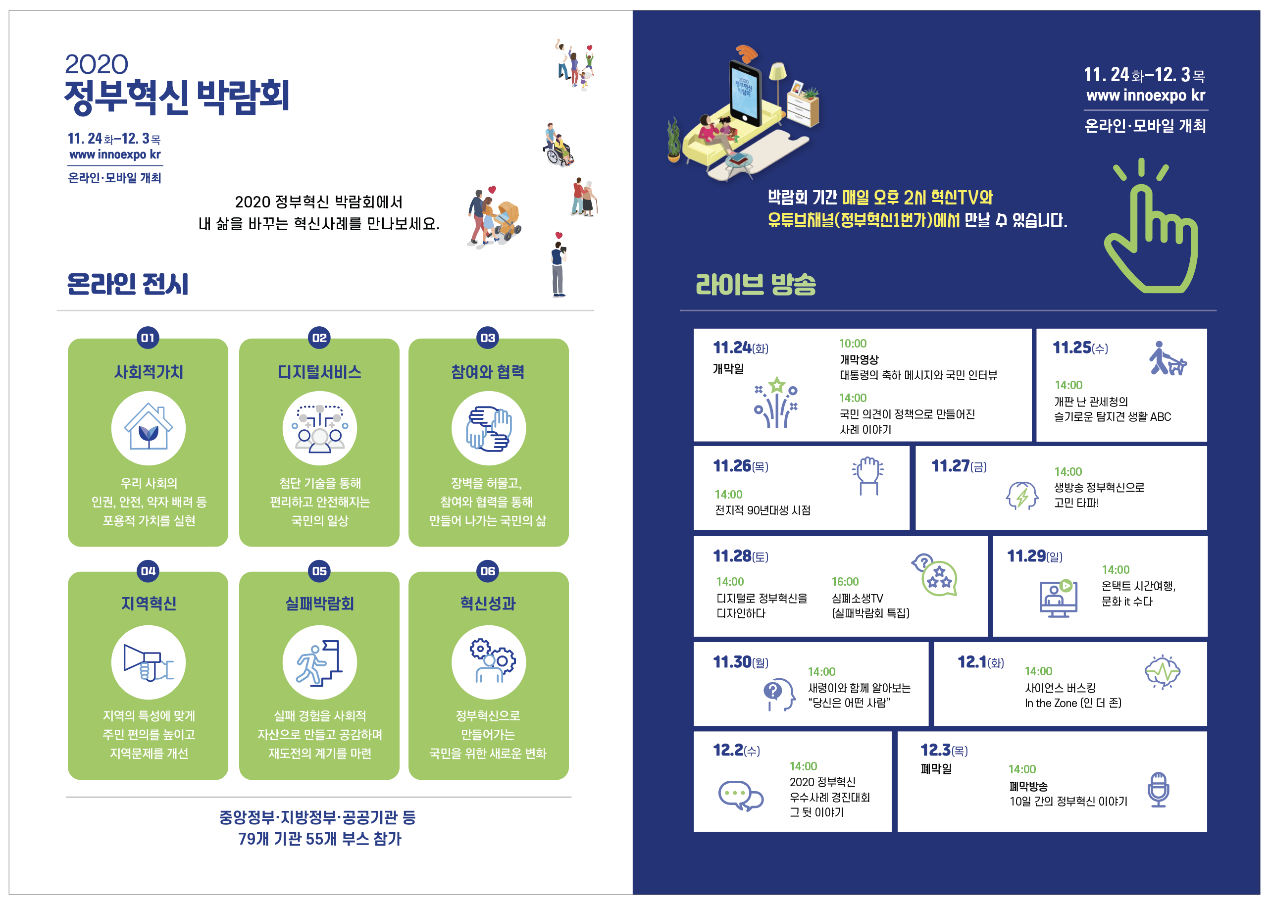  ○ 행사명 : “2020 정부혁신 박람회”  ※ ’19년(동대문디자인플라자)에 이은 2회차  ○ 공식일시 : ‘20. 11. 24(화) ~ 12. 3(목), 10일 간  ○ 개최방식 : 비대면 온라인 (www.innoexpo.kr)  ○ 주최/주관 : 대한민국 정부 / 행안부 및 중앙・지방・공공기관  ○ 참석대상 : 일반국민 및 전문가, 중앙・지자체 공무원 등  ○ 홍보관 운영 : 열린소통포럼(서울・세종) 활용 오프라인 홍보공간 마련  ○ 주요내용 : 개막 영상, 온라인 전시관 운영(55개), 온라인 생방송 등