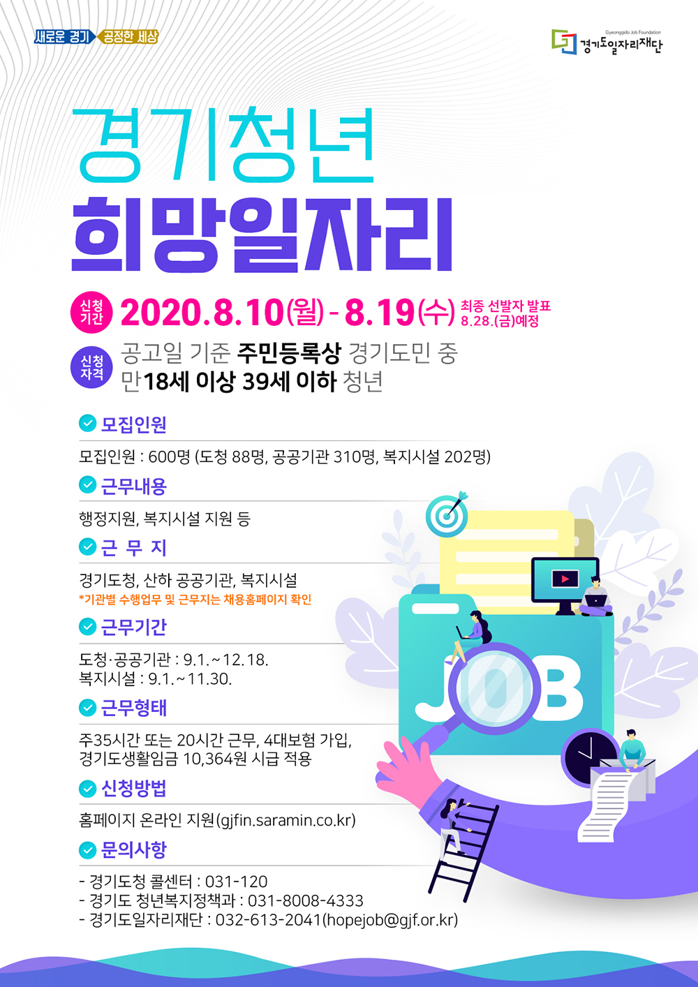 《경기청년 희망일자리 사업 참여자 모집》  가. 신청기간 : 2020. 8. 10.(월)~ 8. 19.(수) 18:00까지  나. 지원대상 : 접수기준일(’20.8.10) 기준 만18-39세 경기도 거주 청년  다. 신청방법 : 온라인 신청[경기도일자리재단(http://gjfin.saramin.co.kr)] ※ 8.10.부터 신청 가능  라. 모집인원 : 600명  마. 근무내용 : 경기도청, 도내 공공기관, 복지시설 업무 보조      < 포스터 홍보 협조요청  >  -(시・군)시・군・구 및 시・군 공공기관 홈페이지에 게시(읍・면・동 주민센터 시・군 일자리센터)               - (道 공공기관) 공공기관 홈페이지 게시