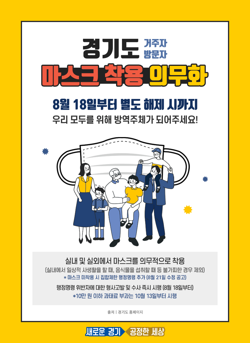 경기도 거주자 방문자 마스크 착용 의무화 8월18일부터 별도 해제 시까지 우리 모두를 위해 방역주체가 되어주세요! 실내 및 실외에서 마스크를 의무적으로 착용 (실내에서 일상적 사생활을 할 때, 음식물을 섭취할때 등 불가피한 경우 제외) *마스크 미착용 시 집합제한 행정명령 추가 (8월21일 수정 공고) 행정명령 위반자에 대한 형사고발 및 수사 즉시 시행(8월 18일부터) *10만 원 이하 과태료 부과는 10월 13일부터 시행