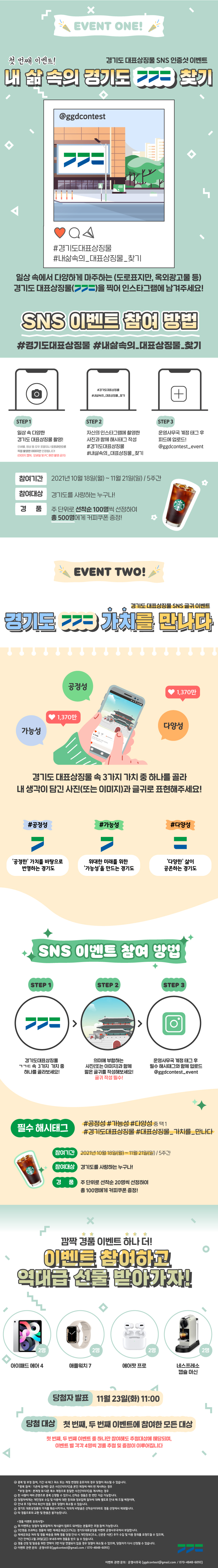 ㅇ 이벤트명: 경기도 대표상징물 SNS 이벤트     - 첫번째 이벤트: 내 삶 속의 경기도 대표상징물 찾기     - 두번째 이벤트: 경기도 대표상징물 가치(공정성,가능성,다양성)를 만나다    ㅇ 참여방법: 일상 속 대표상징물 촬영 or 대표상징물 가치가 담긴 사진(이미지) 및 글귀를          지정 해시태그, 사무국 계정 태그와 함께 개인 인스타그램에 업로드    ㅇ 참여기간: 10. 18. ~ 11. 21. (5주간 동시 진행)    ㅇ 선정인원    - 첫번째 이벤트: 주차별 선착순 100명씩 총 500명     - 두번째 이벤트: 주차별 선착순 20명씩 총 100명     ※첫번째,두번째 이벤트 참가자를 대상으로 경품 추첨 이벤트 진행      ㅇ 세부요강: 사무국 계정(@ggdcontest_event) 및 홈페이지(www.ggdcontest.com) 참고 