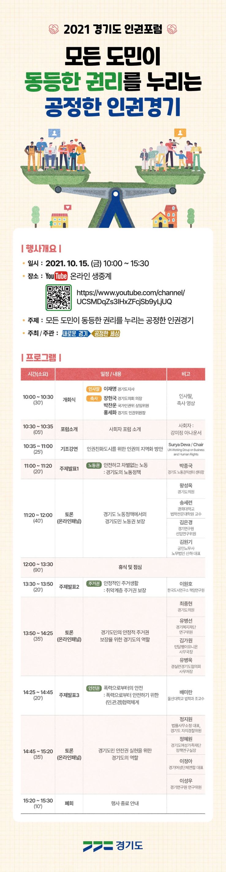 □ 행 사 명 : 2021년 경기도 인권포럼  ○ (슬로건) “ 모든 도민이 동등한 권리를 누리는 공정한 인권경기 ”  □ 일 시 : 2021. 10. 15.(금) 10:00 ~ 15:30  □ 개최방법 : 온라인( 유튜브 라이브 생중계)   □ 참여방법   ○유튜브(yutube.com)창에 ‘2021 경기도 인권포럼’ 검색 후 채널 접속    ○(상시학습 인정) 3시간 10분     ※ 시간기록이 가능한 ZOOM으로 참석 시 인정