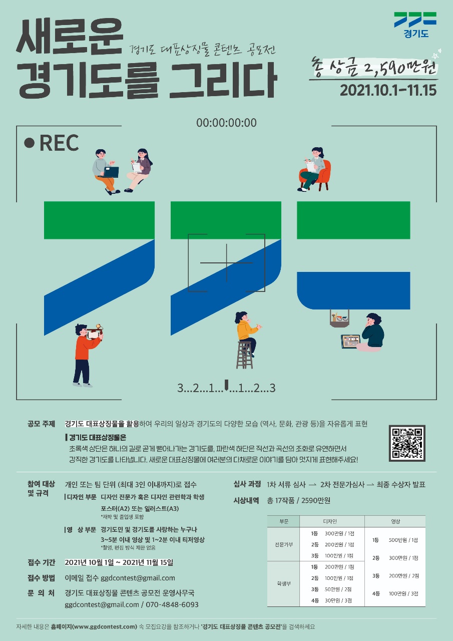   ㅇ 행사명 : 경기도 대표상징물 콘텐츠 공모전   ㅇ 주  제 : 경기도 대표상징물을 활용하여 우리의 일상과 경기도의 다양한 모습을 자유롭게 표현   ㅇ 기  간 : ’21. 10. 1.(금) ~ 11. 15.(월)          ㅇ 대  상    - 디자인 부문: 디자인 전문가 및 디자인 관련학과 대학(원)생     - 영상 부문: 경기도민 및 경기도를 사랑하는 누구나   ㅇ 시 상 : 총 17 작품 / 2,590만원 