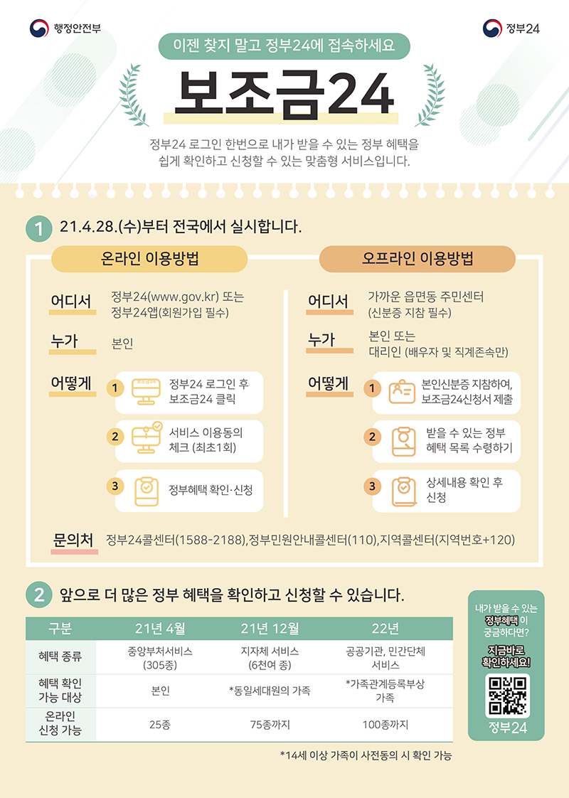   가. 서비스 개시일 : '21. 4. 28.(수)   나. 보조금24 서비스 주소 : 정부24(www.gov.kr)의 보조금24 메뉴 클릭   다. 보조금24 이용 문의처 : 시스템 이용문의(정부24 헬프데스크, 1588-2188)   라. 보조금24 사용자 매뉴얼 및 자주묻는질문(FAQ) : 붙임1~2 참조