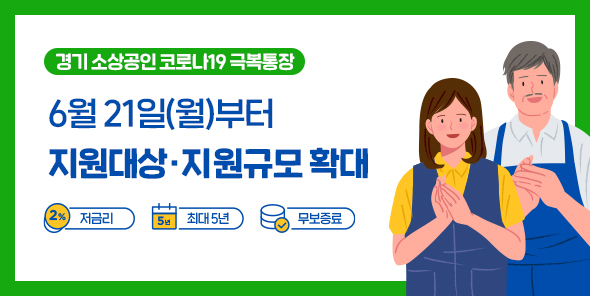 ▶ 「경기 소상공인 코로나19 극복통장」 보증상품 개요   (주요내용) 도내 중・저신용자, 저소득자, 사회적약자인 소상공인을 대상으로 마이너스 대출을 통한 자금 지원  (시행일자) 2021. 6. 21일부터 한도 소진시까지 ▶ 요청사항   ① 기관 홈페이지에 [붙임1]배너 게재(연결링크 : https://www.gcgf.or.kr/gcgf/subIndex/61.do)   ② 기관 게시판 등에 [붙임2]포스터 게첩(기관별 3부씩 6.18.(금) 우편 발송예정)