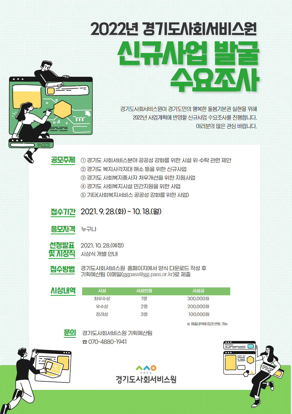  ○ 제안분야:   ① 경기도 사회서비스분야 공공성 강화를 위한 시설 위?수탁 관련 제안   ② 경기도 복지사각지대 해소 등을 위한 신규사업    ③ 경기도 사회복지종사자 처우개선을 위한 지원사업   ④ 경기도 사회복지시설 민간지원을 위한 사업    ⑤ 기타(사회복지서비스 공공성 강화를 위한 사업)   ○ 접수기간: ~ 2021. 10. 18.(월)까지   ○ 접수방법: 경기도사회서비스원 홈페이지(gg.pass.or.kr)에서 양식다운로드 작성 후                기획예산팀 이메일(ggpass@gg.pass.or.kr)제출     ○ 시상내역: 최우수상(1명): 30만원, 우수상(2명): 각 20만원, 장려상(3명) 각 10만원   ○ 참여문의: 경기도사회서비스원 기획예산팀(070-4880-1941) 