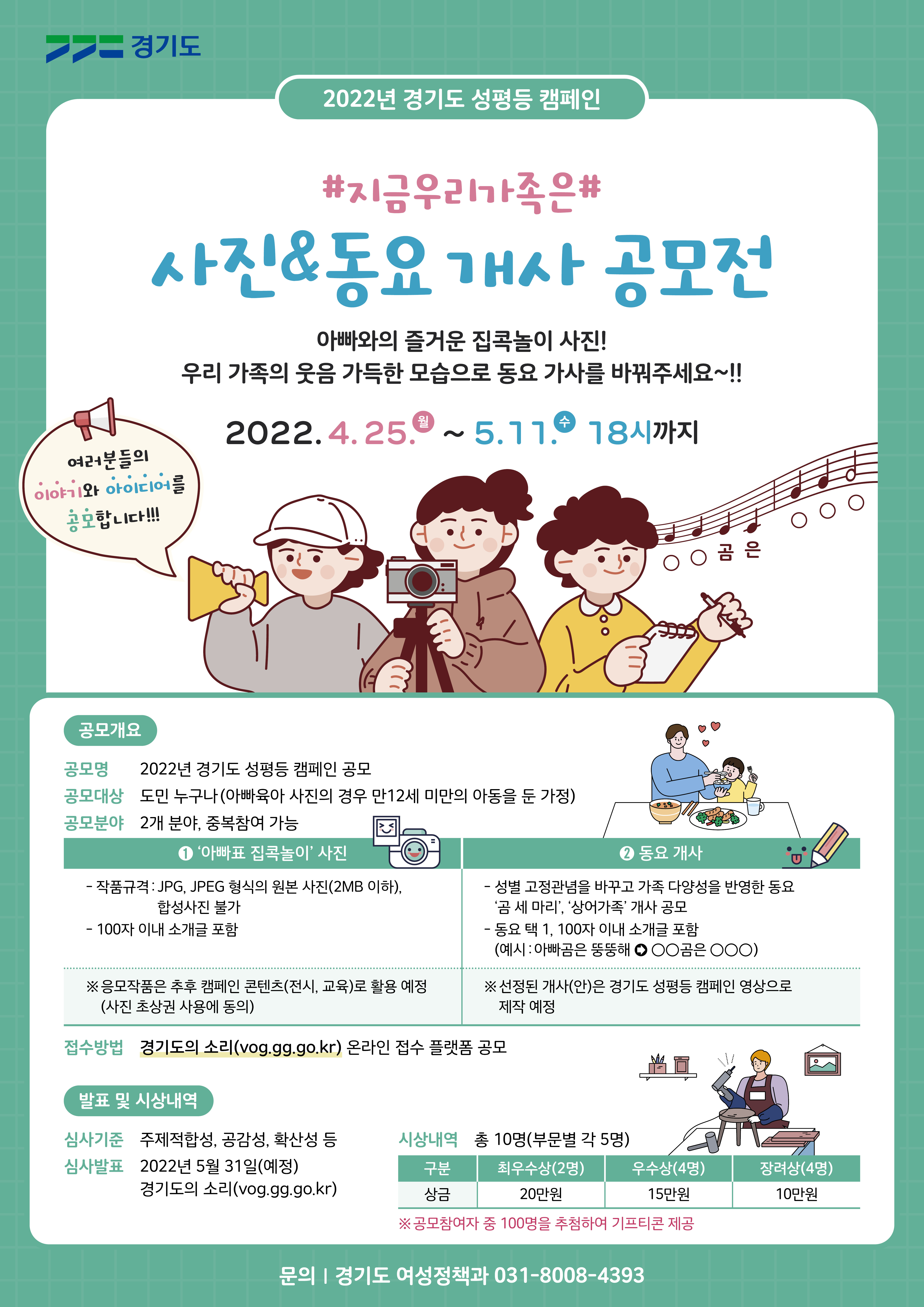 가. 공 모 명 : 성평등 캠페인 공모 나. 공모기간 : ′22. 4. 25.(월) ~ 5. 11.(수) 18시까지 다. 공모부문 : 2개 부문 (아빠육아사진 또는 동요개사, 중복참여 가능)   - (사진공모) 아빠 육아 참여 활동을 공유할 수 있는 '아빠표 집콕놀이' 사진       - (동요개사) 성별 고정관념을 바꾸고 가족 다양성을 반영한 동요 '곰 세 마리', ‘상어가족’ 개사  라. 공모대상 : 도민 누구나 (아빠육아사진의 경우 만12세이하 자녀를 둔 가정) 마. 접수방법 : 경기도의소리(vog.gg.go.kr)에서 제출 바. 시상내역 : 총 10명 140만원 [최우수(1명) 20만원, 우수(2명) 15만원, 장려(2명) 10만원]  ※ 참여하신 분 중 100분을 추첨하여 기프티콘 지급  사. 결과발표 : ′22. 5. 31.(예정) (경기도의 소리 게시 및 선정자 개별 통보)