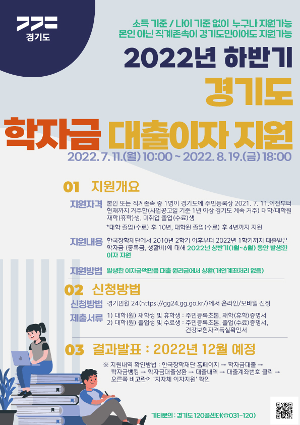 ? 신청기간: 2022. 7. 11.(월)〜2022. 8. 19.(금) 18:00 ? 지원대상: 본인 또는 직계존속이 2021. 7. 11. 이전부터 주민등록상 경기도에 1년              이상 거주하고 있는 대학(원)생, 미취업 졸업생 ? 지원내용: 2022년 1〜6월 동안 발생한 학자금 대출이자 지원 ? 신청방법: 경기민원24(https://gg24.gg.go.kr/)에서 온라인/모바일 신청 ? 관련문의: 경기도 콜센터(031-120)