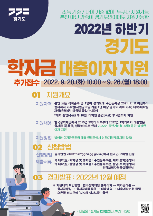 ? 추가접수: 2022. 9. 20.(화) 10:00 ~ 26.(월) 18:00   - 기존 접수 시 접수방법 변경 등으로 접수에 착오를 일으킨 신청자 등 구제 ? 지원대상: 본인 또는 직계존속이 2021. 7. 11. 이전부터 주민등록상 경기도에 1년              이상 거주하고 있는 대학(원)생, 미취업 졸업생 ? 지원내용: 2022년 1〜6월 동안 발생한 학자금 대출이자 지원 ? 신청방법: 경기민원24(https://gg24.gg.go.kr/)에서 온라인/모바일 신청 ? 관련문의: 경기도 콜센터(031-120)