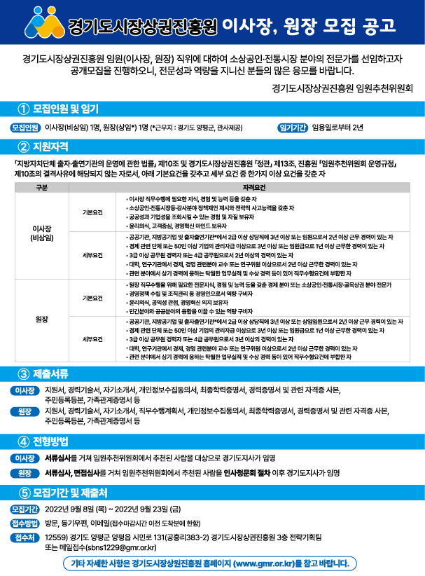경기도시장상권진흥원 이사장 및 원장 모집공고