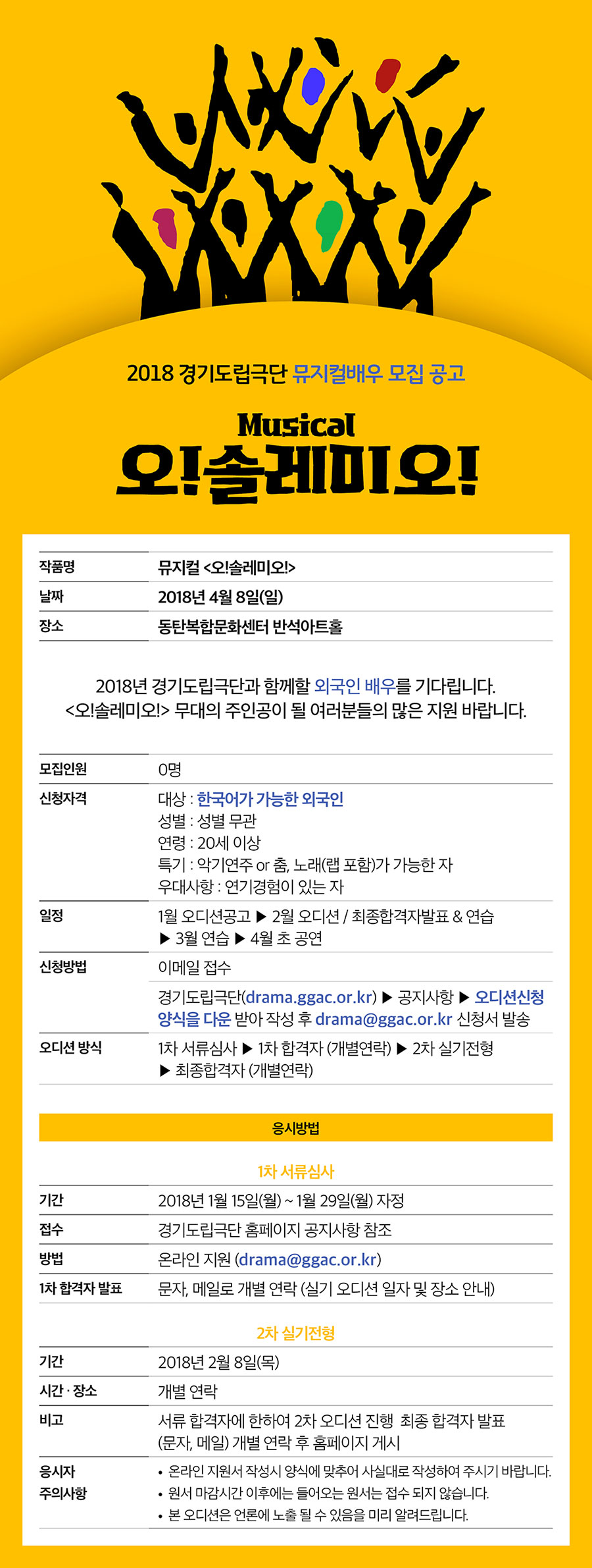 2018 경기도립극단 뮤지컬<오!솔레미오!> 외국인배우 오디션 공고