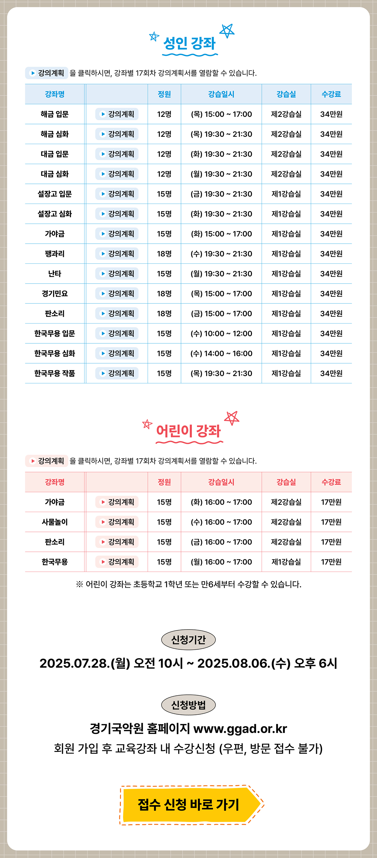 성인강좌, 어린이 강좌 목록(강의계획을 클릭하시면, 강좌별 17회차 강의계획서를 열람할 수 있습니다.)