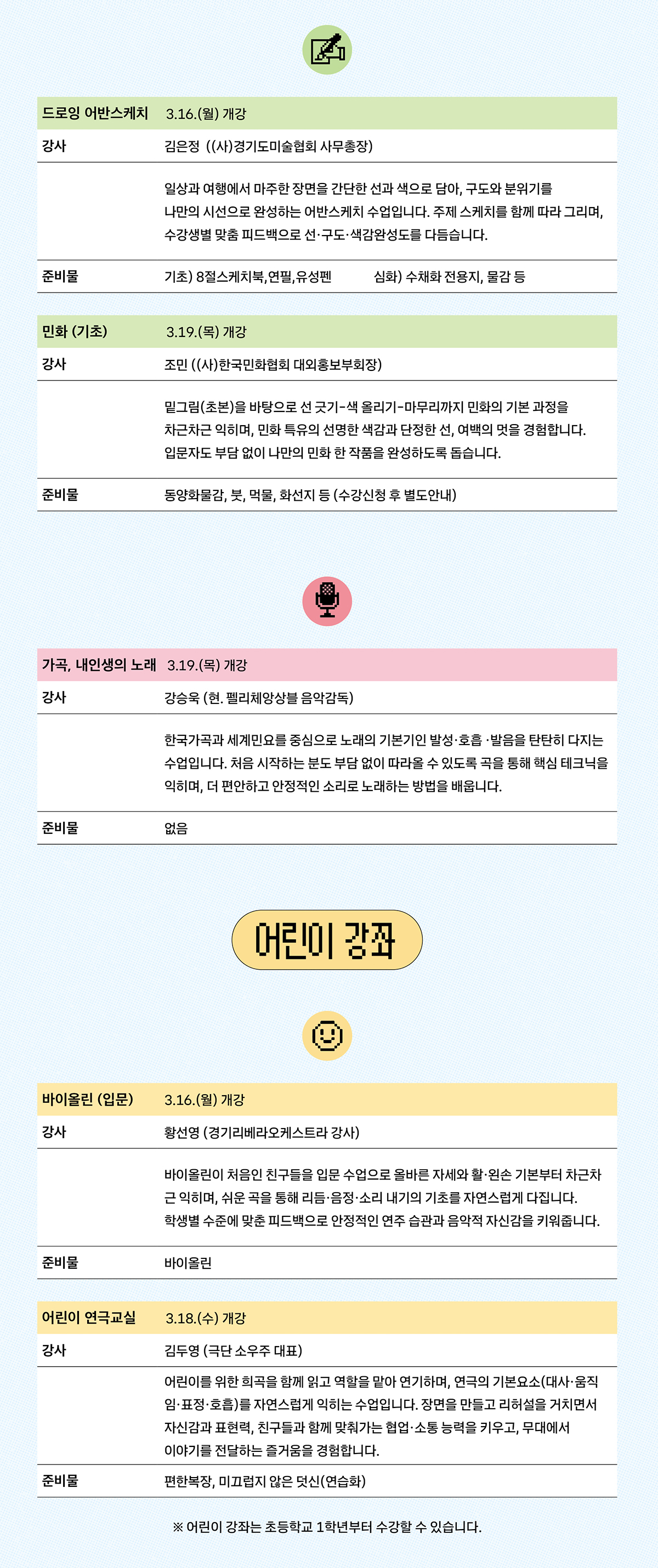 성인 강좌, 어린이 강좌