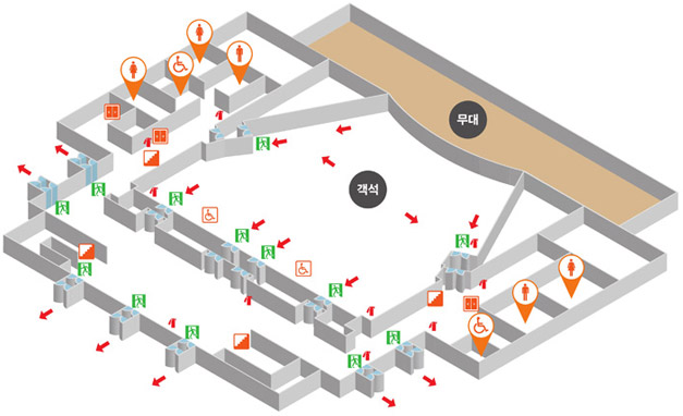 1층 비상대피도로 무대, 객석, 남자화장실(2개), 여자화장실(3개), 장애인화장실(2개), 계단(4개), 엘리베이터(3개), 장애인석(2개), 비상구(13개), 소화기(10개), 대피동선 표시