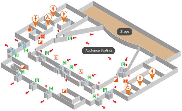 1층 비상대피도로 무대, 객석, 남자화장실(2개), 여자화장실(3개), 장애인화장실(2개), 계단(4개), 엘리베이터(3개), 장애인석(2개), 비상구(13개), 소화기(10개), 대피동선 표시