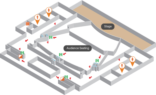2층 비상대피도로 무대, 객석, 남자화장실(2개), 여자화장실(2개), 계단(2개), 엘리베이터(1개), 비상구(5개), 소화기(6개), 대피동선 표시