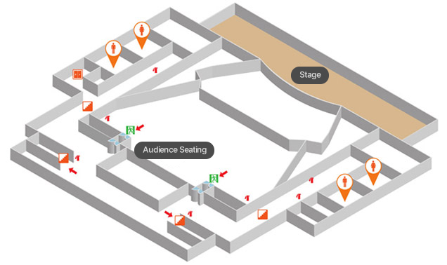 3층 비상대피도로 무대, 객석, 남자화장실(2개), 여자화장실(2개), 계단(4개), 엘리베이터(1개), 비상구(2개), 소화기(7개), 대피동선 표시