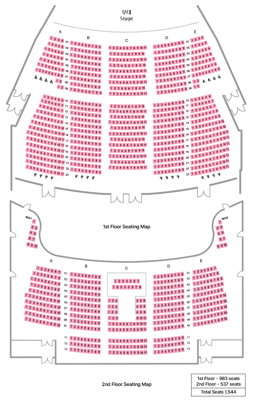 대극장 좌석배치도. 무대와 1층(983 seats석), 2층(537석), 장애인석(24석)으로 총 1544석